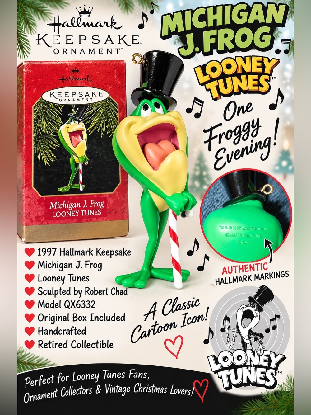 Vintage 1997 Hallmark Michigan J Frog Looney Tunes Keepsake Ornament QX6332